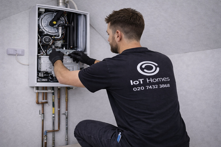 Engineer fixing sink in modern kitchen