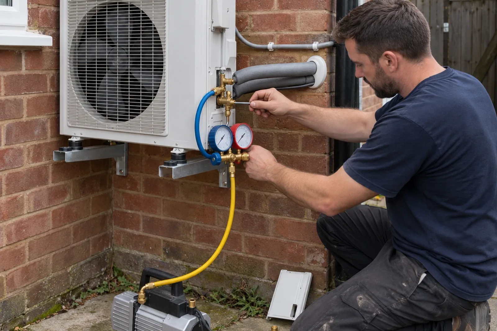 An IOT Homes engineer commissioning an outdoor air conditioning condenser