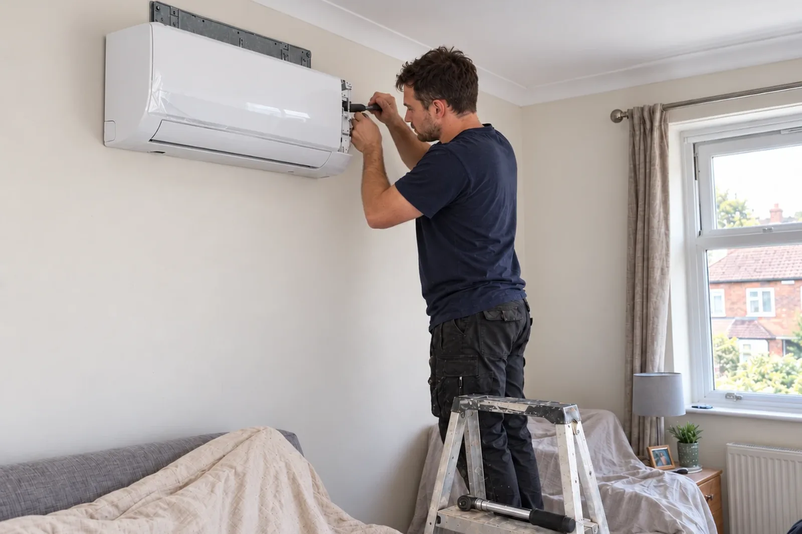 An IOT Homes engineer fitting a wall-mounted air conditioning unit