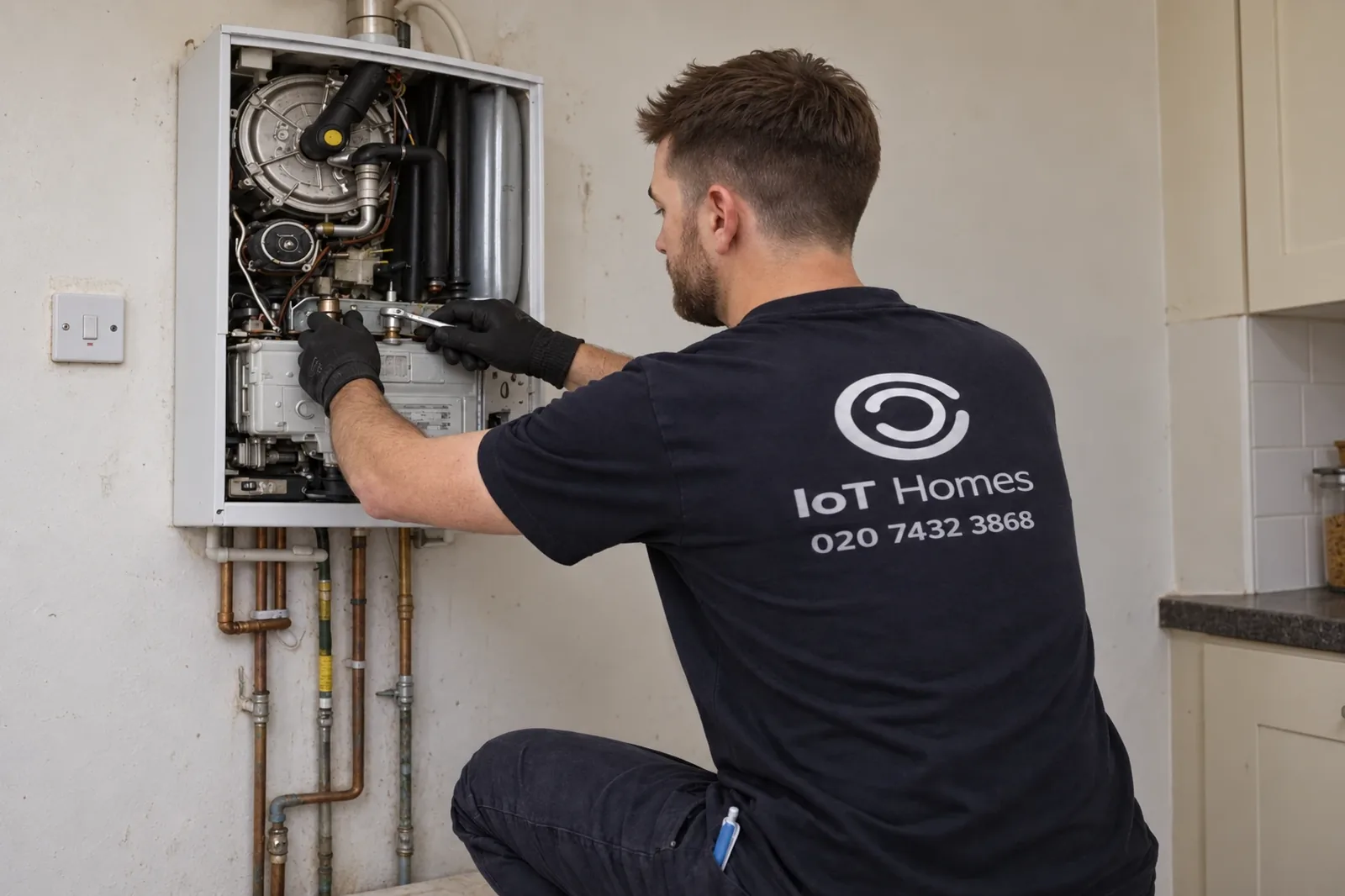 An IOT Homes engineer servicing a combi boiler with the casing open