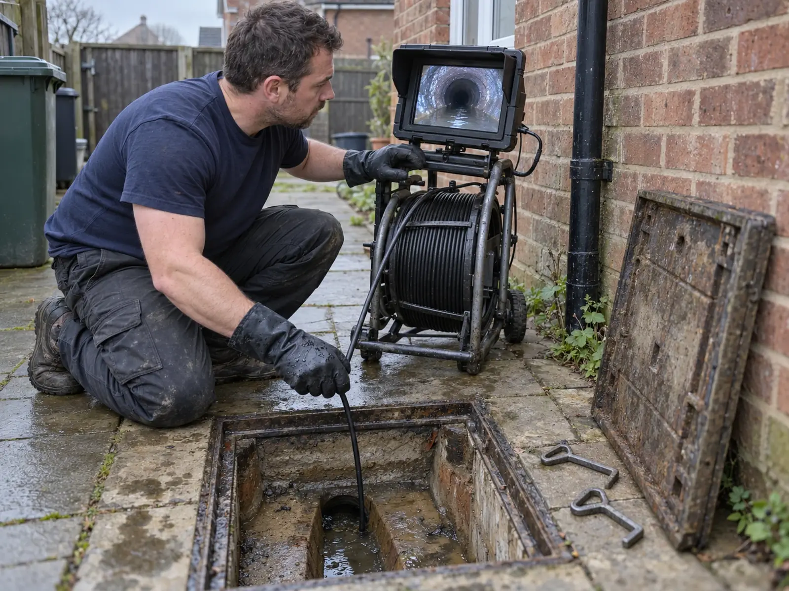 An IOT Homes engineer running a camera survey down a drain, with the inside of the pipe on the monitor