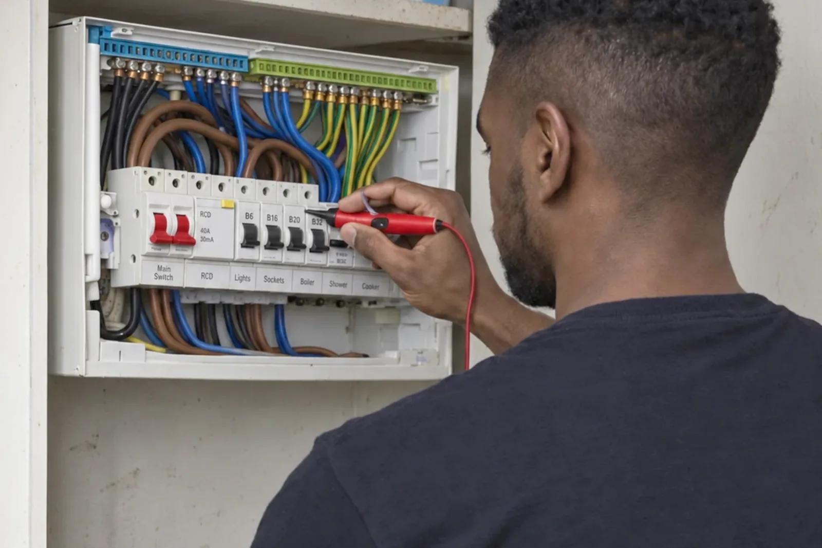 An IOT Homes electrician tracing a fault at a consumer unit