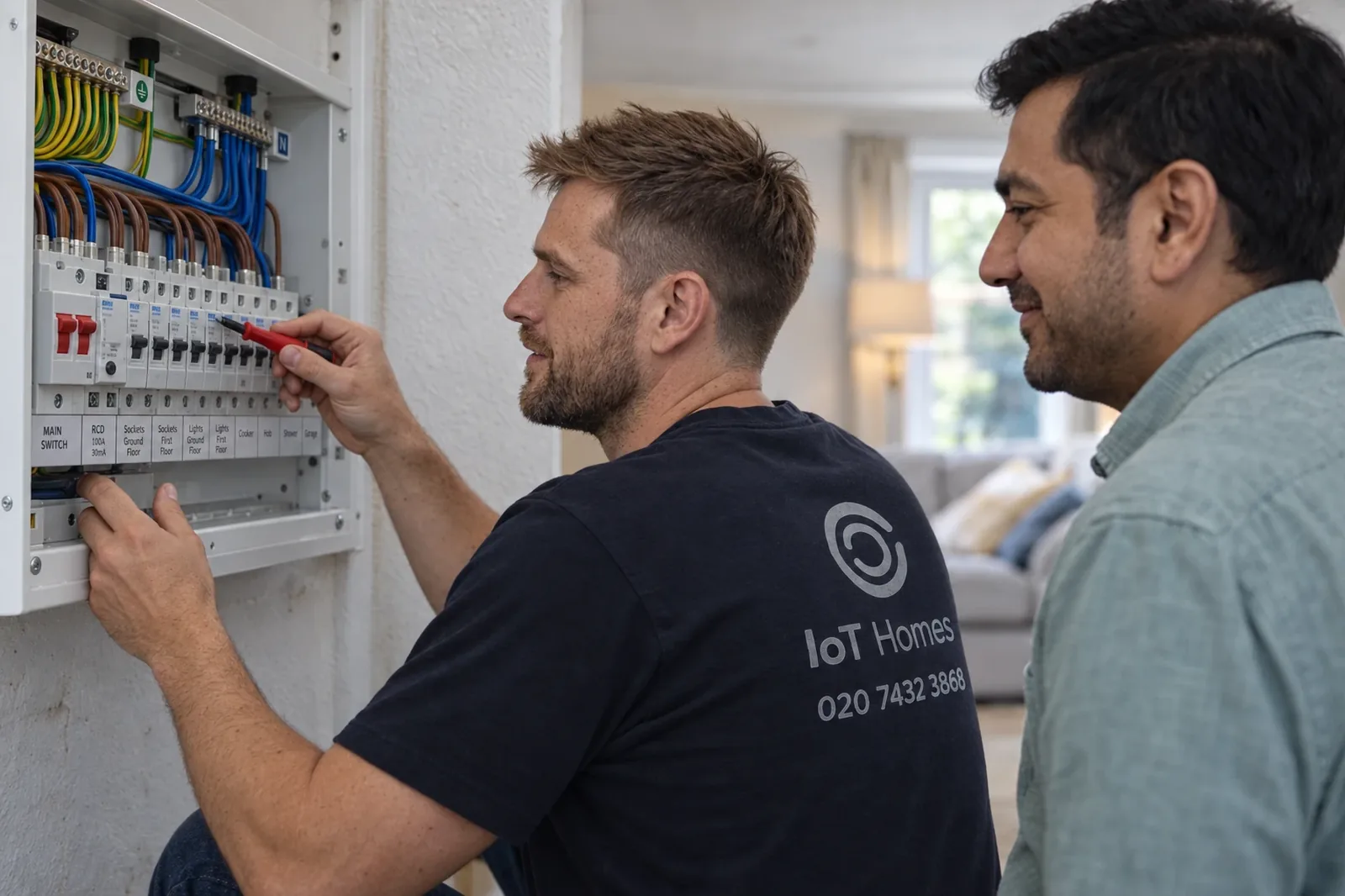 An IOT Homes electrician working on a consumer unit while the customer watches