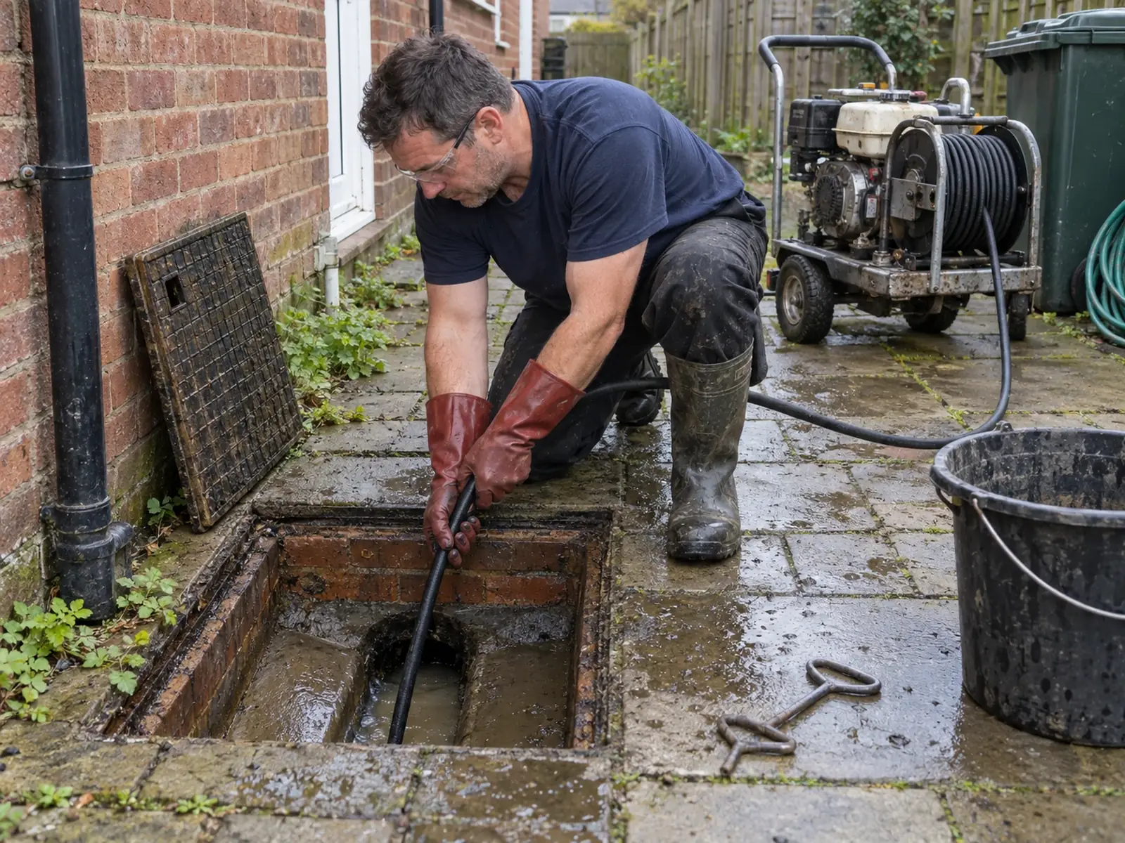 An IOT Homes engineer jetting a blocked drain at an open inspection chamber