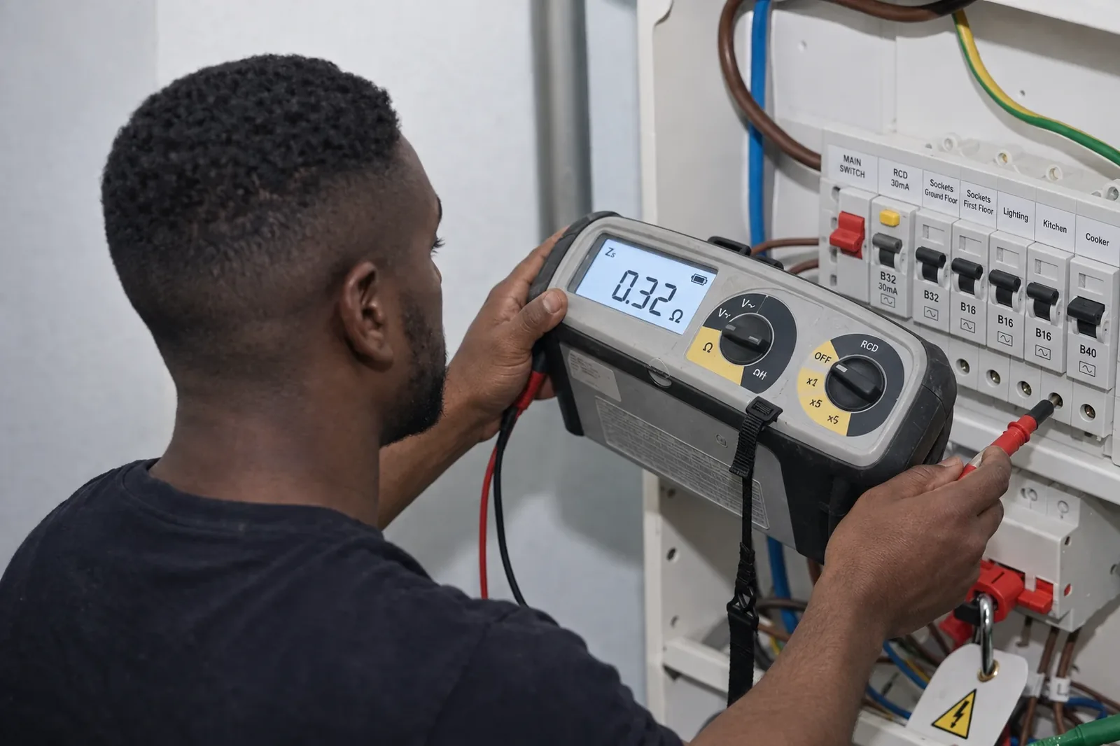 An IOT Homes electrician testing a consumer unit with a multifunction tester