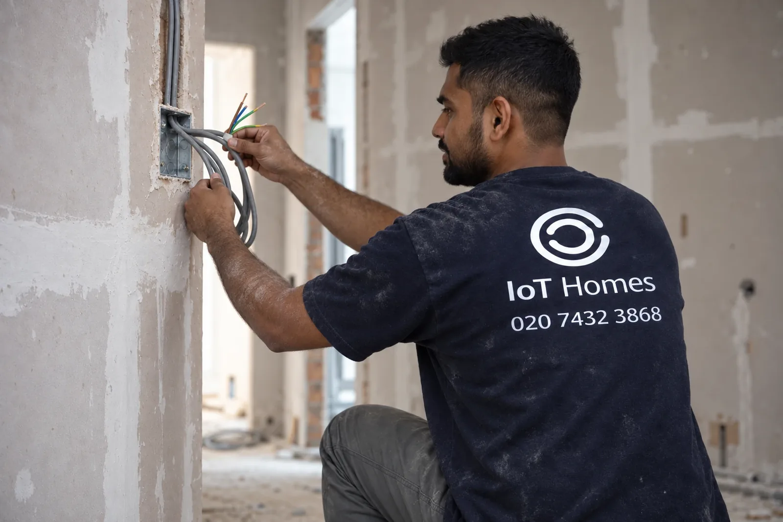 An IOT Homes electrician wiring a socket back box