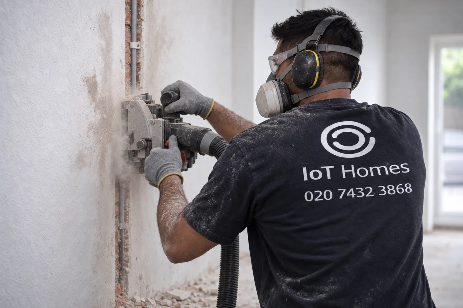 An IOT Homes electrician cutting a chase for new cable